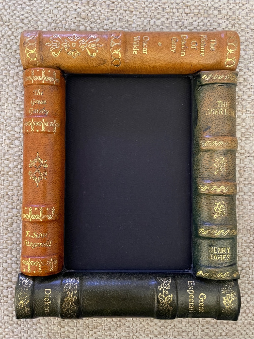Faux Leather Book Spine Picture Frame in Tan, Green, and Black